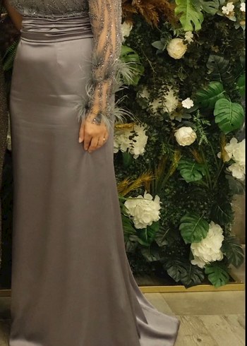 Gri Uzun Kollu İşlemeli Abiye Elbise - Görsel 8