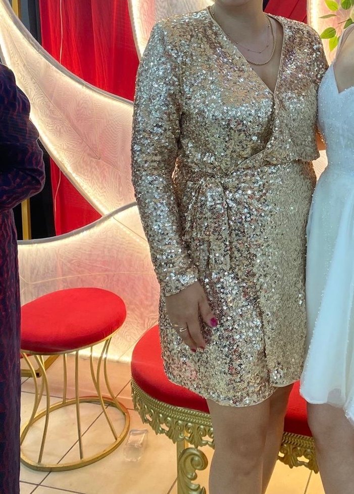 Parlak Altın Uzun Kollu Yılan Desenli Abiye - Görsel 4