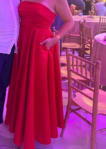 Kırmızı Straplez Uzun Abiye Elbise - Görsel 2