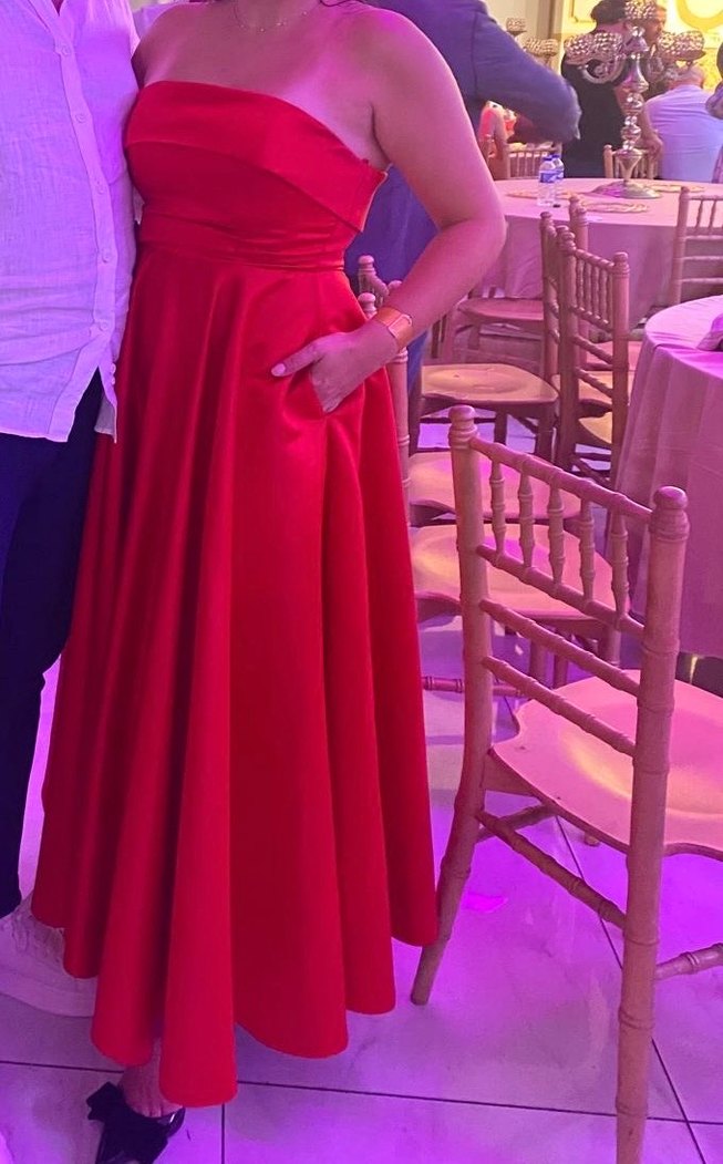 Kırmızı Straplez Uzun Abiye Elbise - Görsel 2