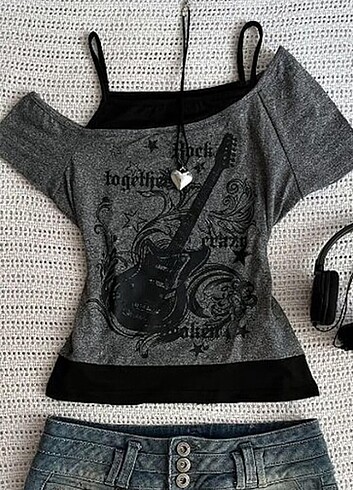 Antrasit Vintage Guitar Açık Yaka Ek Askılı Crop