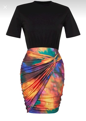 Drapeli Çok Renkli Mini Bağlama Desenli kısa Elbise - Görsel 11