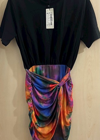 Drapeli Çok Renkli Mini Bağlama Desenli kısa Elbise - Görsel 5