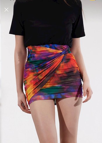 Drapeli Çok Renkli Mini Bağlama Desenli kısa Elbise - Görsel 7