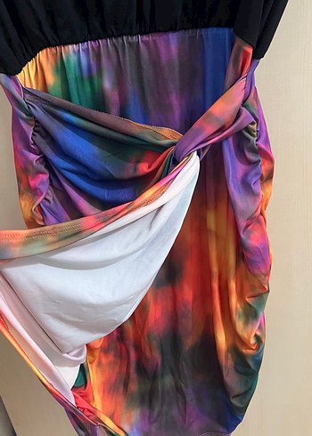 Drapeli Çok Renkli Mini Bağlama Desenli kısa Elbise - Görsel 9