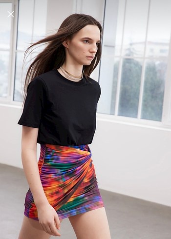 Drapeli Çok Renkli Mini Bağlama Desenli kısa Elbise - Görsel 8