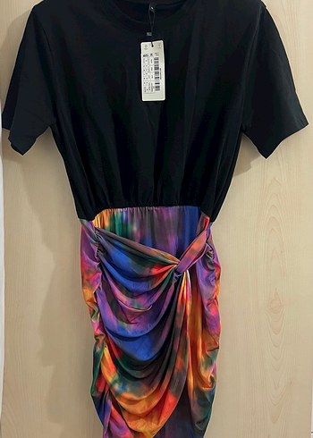 Drapeli Çok Renkli Mini Bağlama Desenli kısa Elbise - Görsel 10