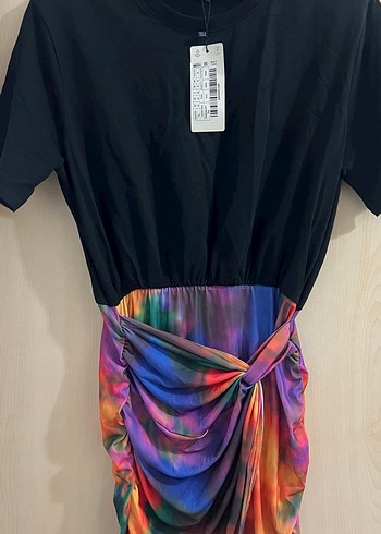 Drapeli Çok Renkli Mini Bağlama Desenli kısa Elbise - Görsel 6