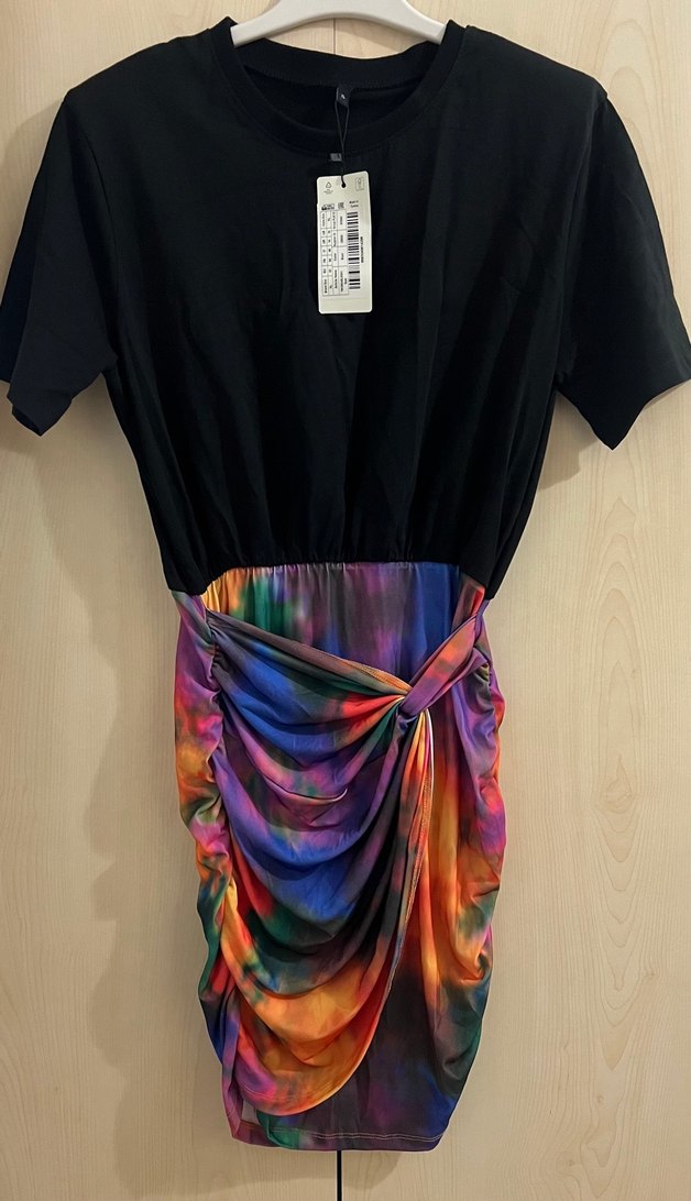 Drapeli Çok Renkli Mini Bağlama Desenli kısa Elbise - Görsel 5