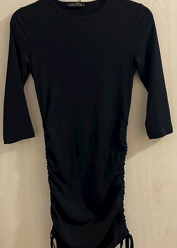 Siyah, Uzun Kollu, Büzgülü  Elbise - Görsel 2