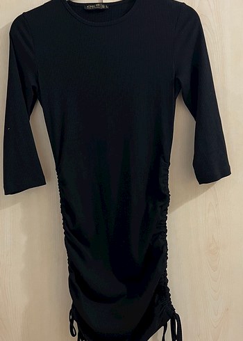 Siyah, Uzun Kollu, Büzgülü  Elbise - Görsel 4