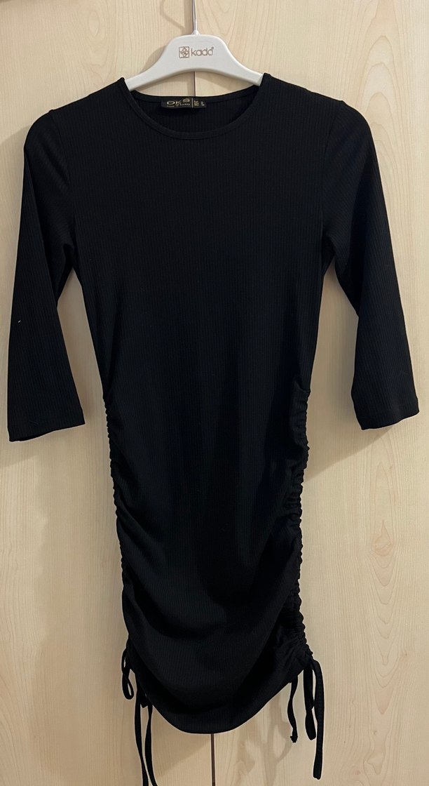 Siyah, Uzun Kollu, Büzgülü  Elbise - Görsel 2