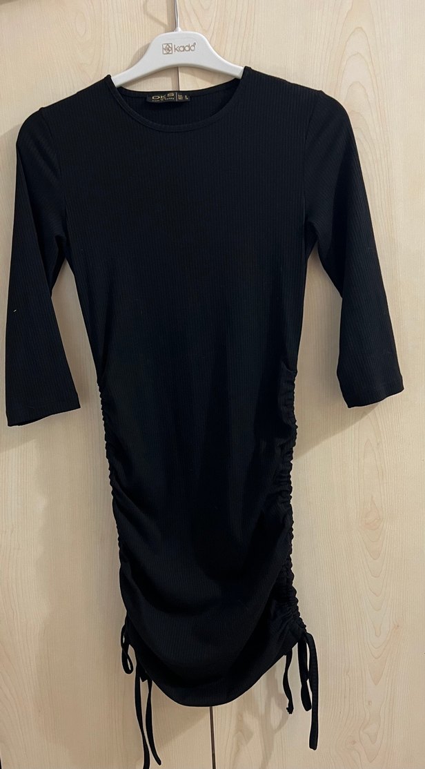 Siyah, Uzun Kollu, Büzgülü  Elbise - Görsel 4