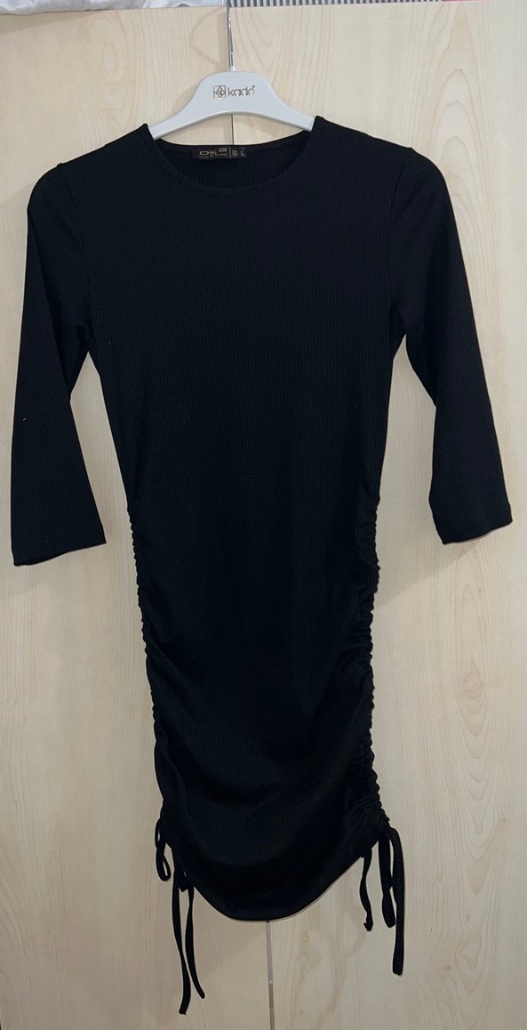 Siyah, Uzun Kollu, Büzgülü  Elbise - Görsel 3