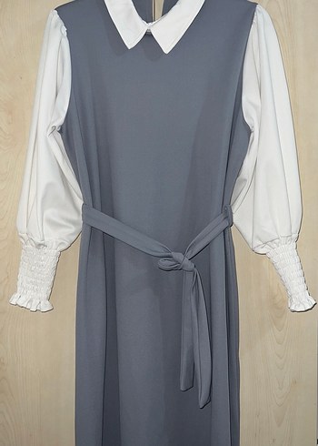 Gri Uzun yaka detay elbise - Görsel 6