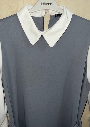 Gri Uzun yaka detay elbise - Görsel 9