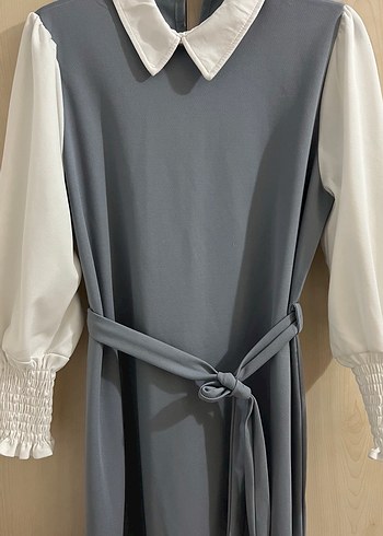 Gri Uzun yaka detay elbise - Görsel 10