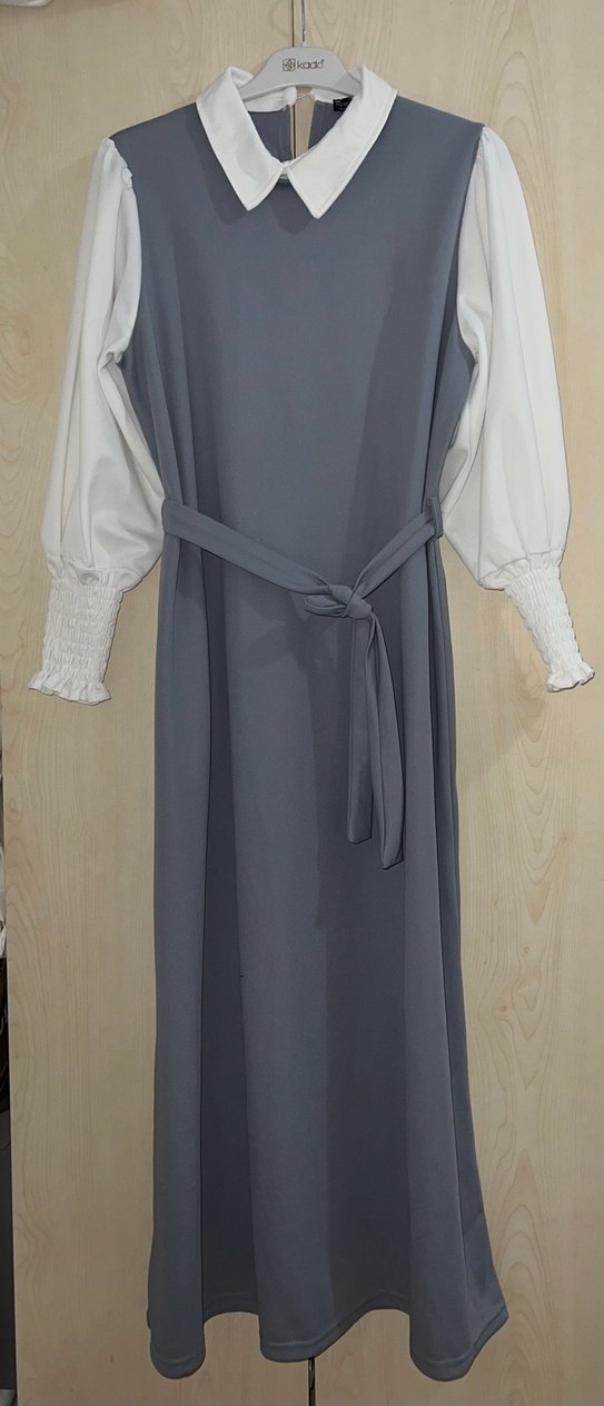 Gri Uzun yaka detay elbise - Görsel 4