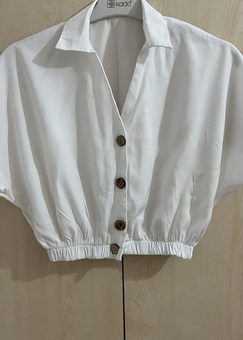 Düğmeli Beyaz Kısa Kollu Keten Gömlek - Görsel 6