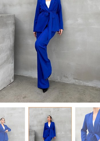 Mavi Kemerli Uzun Kadın Takım Elbise - Görsel 5