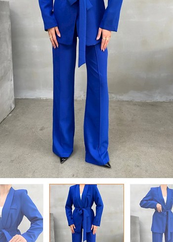 Mavi Kemerli Uzun Kadın Takım Elbise - Görsel 3