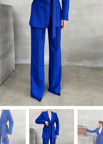 Mavi Kemerli Uzun Kadın Takım Elbise - Görsel 2