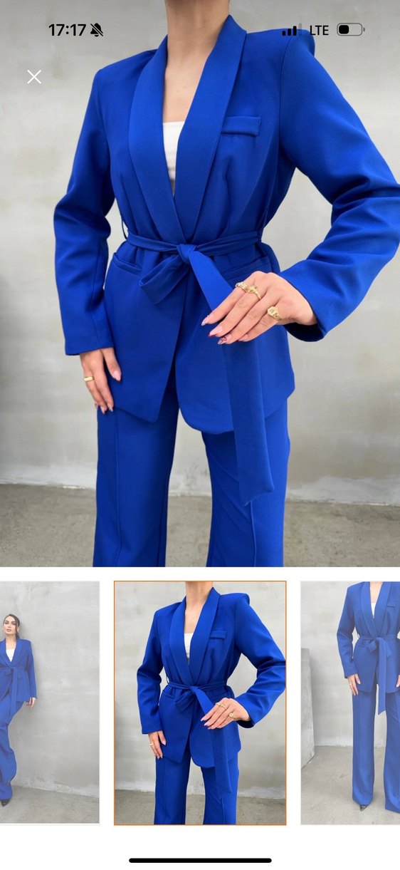 Mavi Kemerli Uzun Kadın Takım Elbise - Görsel 4