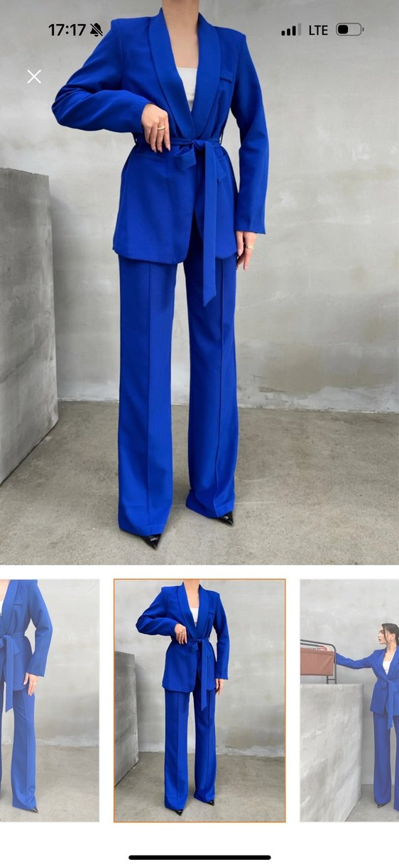 Mavi Kemerli Uzun Kadın Takım Elbise - Görsel 2