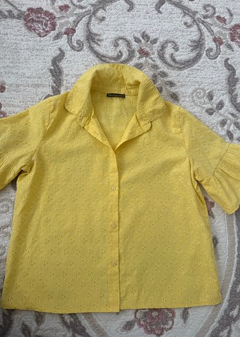 Sarı Kısa Kollu Düğmeli Kadın Gömlek - Görsel 2