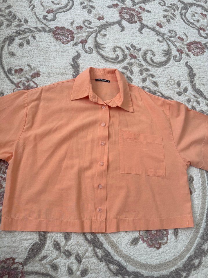 Düğmeli Kısa Kollu Bej Kadın Gömlek - Görsel 2