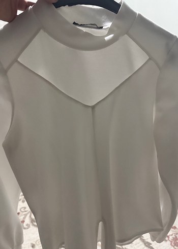 Beyaz, Uzun Kollu, Kısa Belden Bağlamalı Bluz - Görsel 3