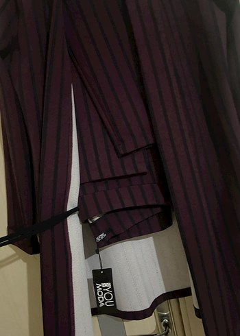 Bordo Pilili Uzun Kadın Ofis Kabanı - Görsel 3