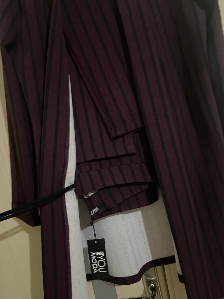 Bordo Pilili Uzun Kadın Ofis Kabanı - Görsel 3