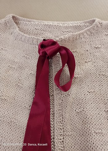 9 Yaş Beden bordo Renk Gri Örgü kız çocuk Hırka Bordo Kurdele Detaylı