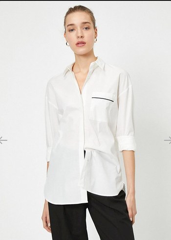 Kadın V Yaka Beyaz Pamuklu Gömlek - Görsel 2