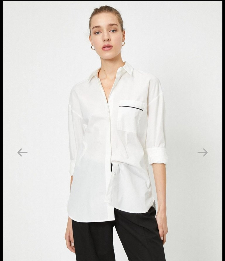 Kadın V Yaka Beyaz Pamuklu Gömlek - Görsel 2