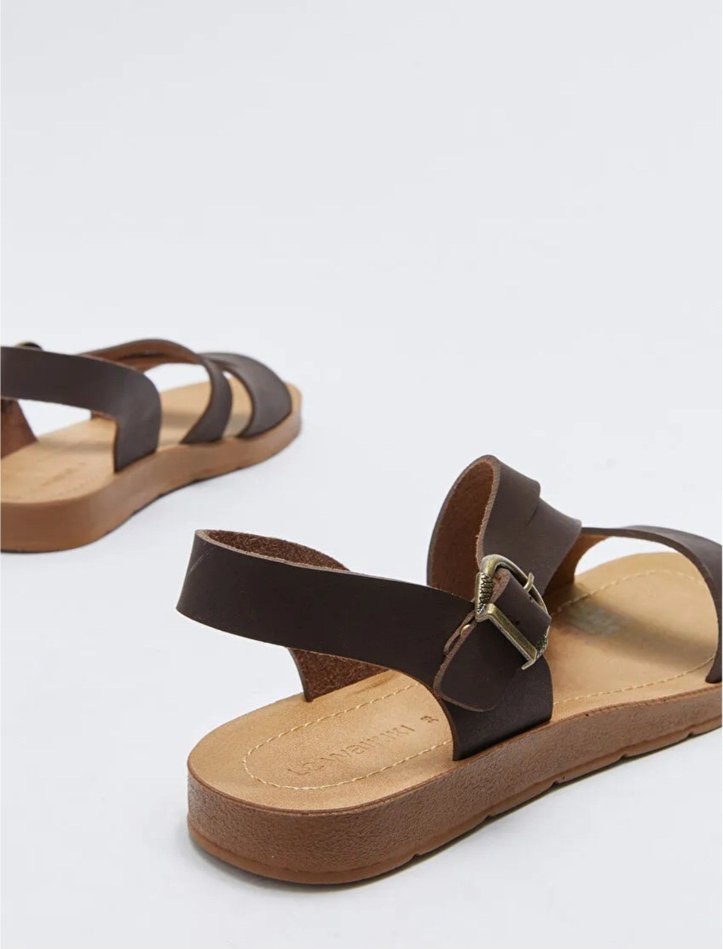 Kemerli Kahverengi Deri Kadın Dolgu Topuklu Sandalet - Görsel 4