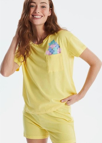Sarı Kısa Kollu Kadın Pijama Takımı