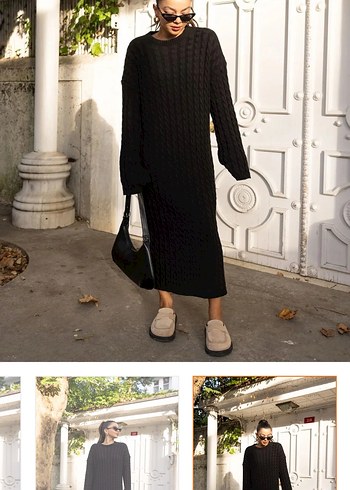 Siyah Uzun Örgü Kadın Elbise - Görsel 3