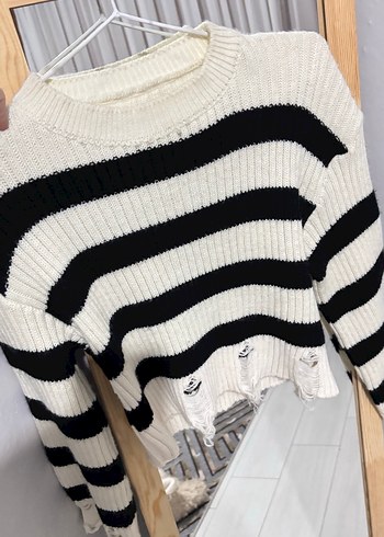 Çizgili Pamuklu Kadın Triko Kazak - Görsel 2