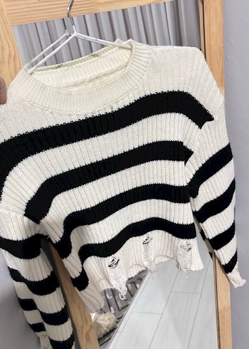 Çizgili Pamuklu Kadın Triko Kazak - Görsel 3