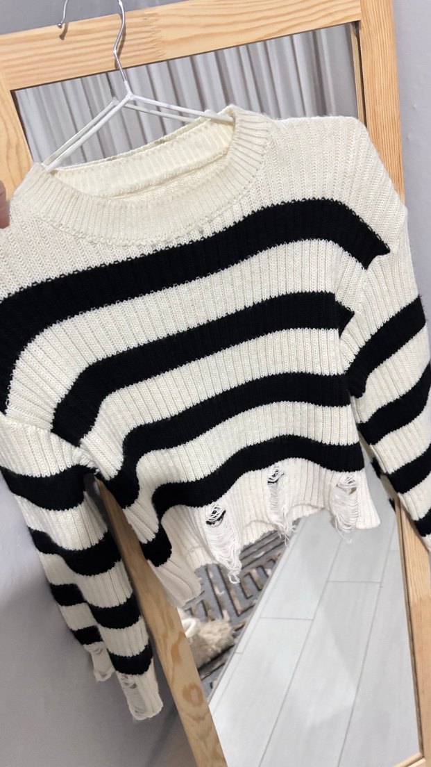 Çizgili Pamuklu Kadın Triko Kazak - Görsel 2