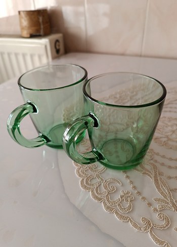 Yeşil Cam Kulplu 2'li Fincan Seti