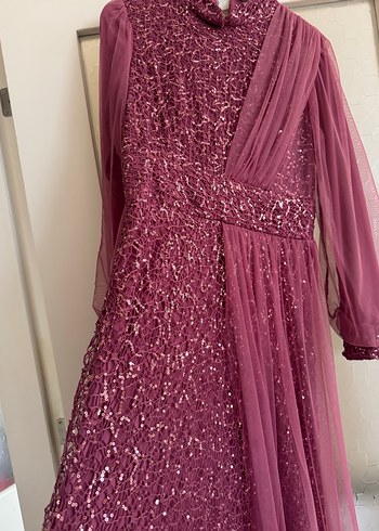 Pembe Uzun Kollu Drapeli Abiye Elbise - Görsel 2