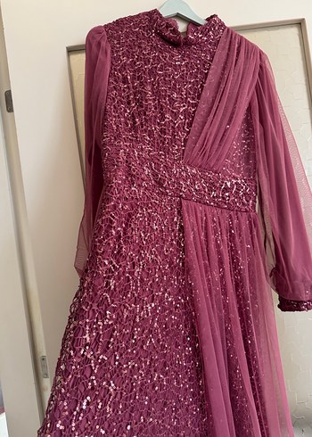 Pembe Uzun Kollu Drapeli Abiye Elbise - Görsel 3