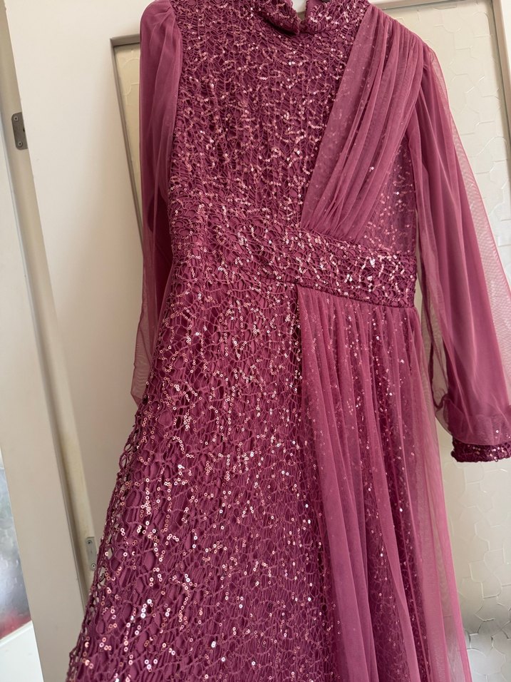 Pembe Uzun Kollu Drapeli Abiye Elbise - Görsel 2