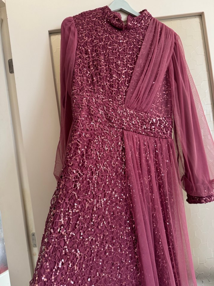 Pembe Uzun Kollu Drapeli Abiye Elbise - Görsel 3