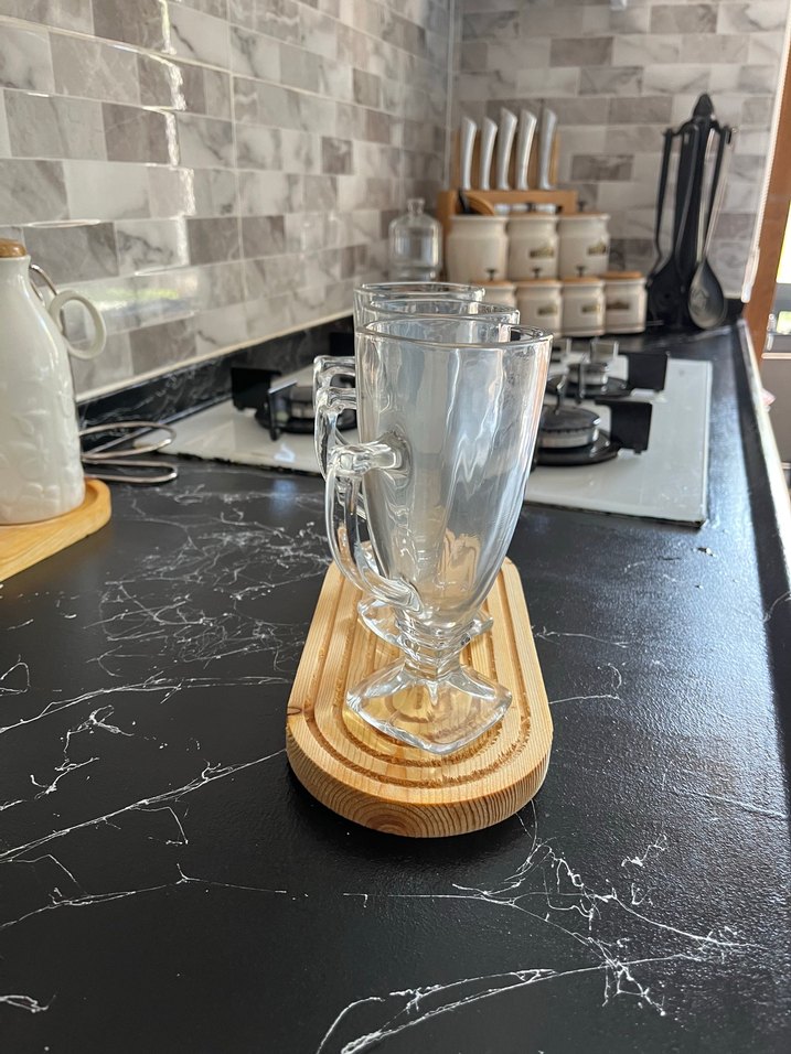 Bej Ahşap Tepside Parlak Cam Bardak Seti - Görsel 2