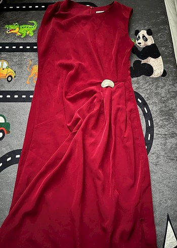 Drapeli Kırmızı Uzun Elbise - Görsel 2