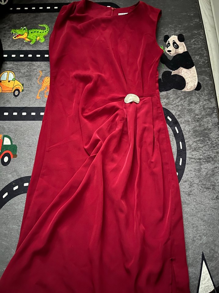 Drapeli Kırmızı Uzun Elbise - Görsel 2